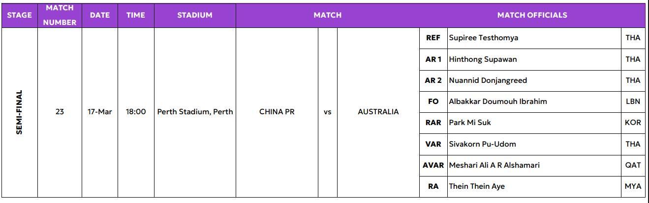 完美对战平台-官方：泰国裁判泰斯托姆亚将执法中国女足vs澳大利亚女足